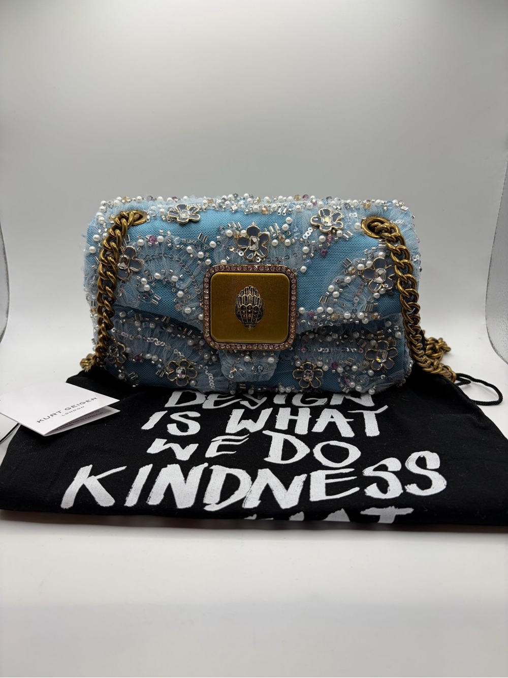 Kurt Geiger Pimlico Embellished Light Blue Chain Shoulder Bag